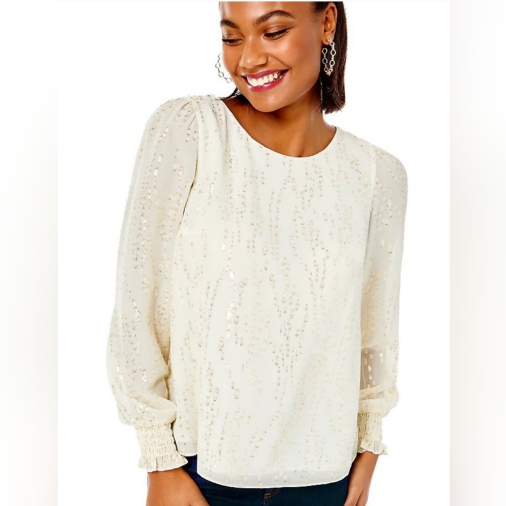 Lilly Pulitzer Idina Long Sleeve Silk White and Gold Large